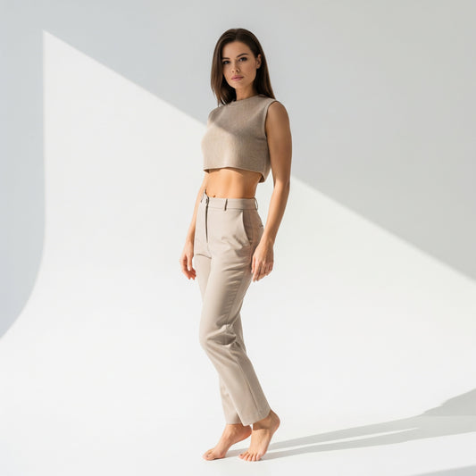 Woman in a beirge top and khaki pants