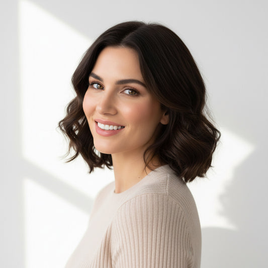 Brunette woman wearing a white sweater against a white background