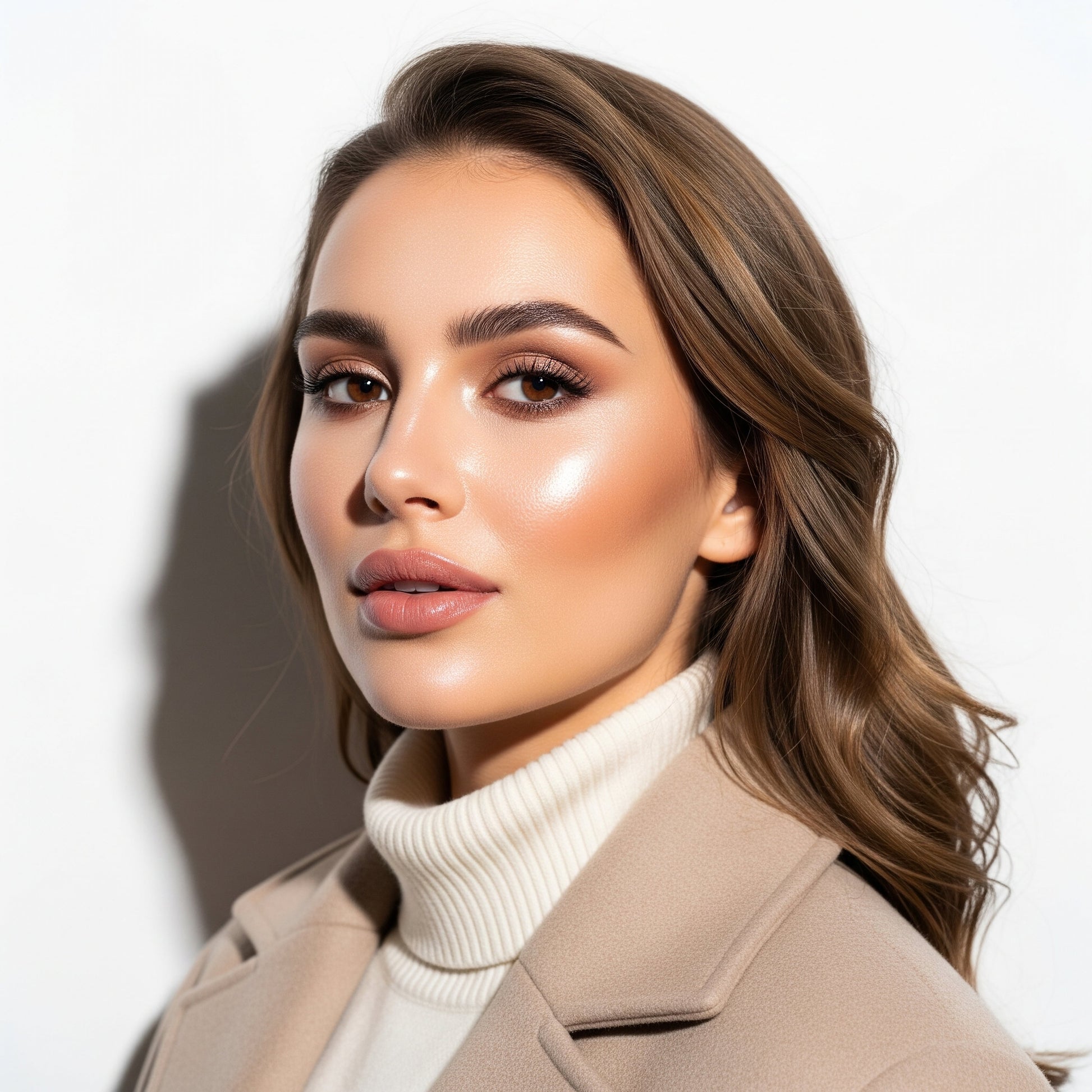 Woman wearing a beige coat and white turtleneck against a neutral background