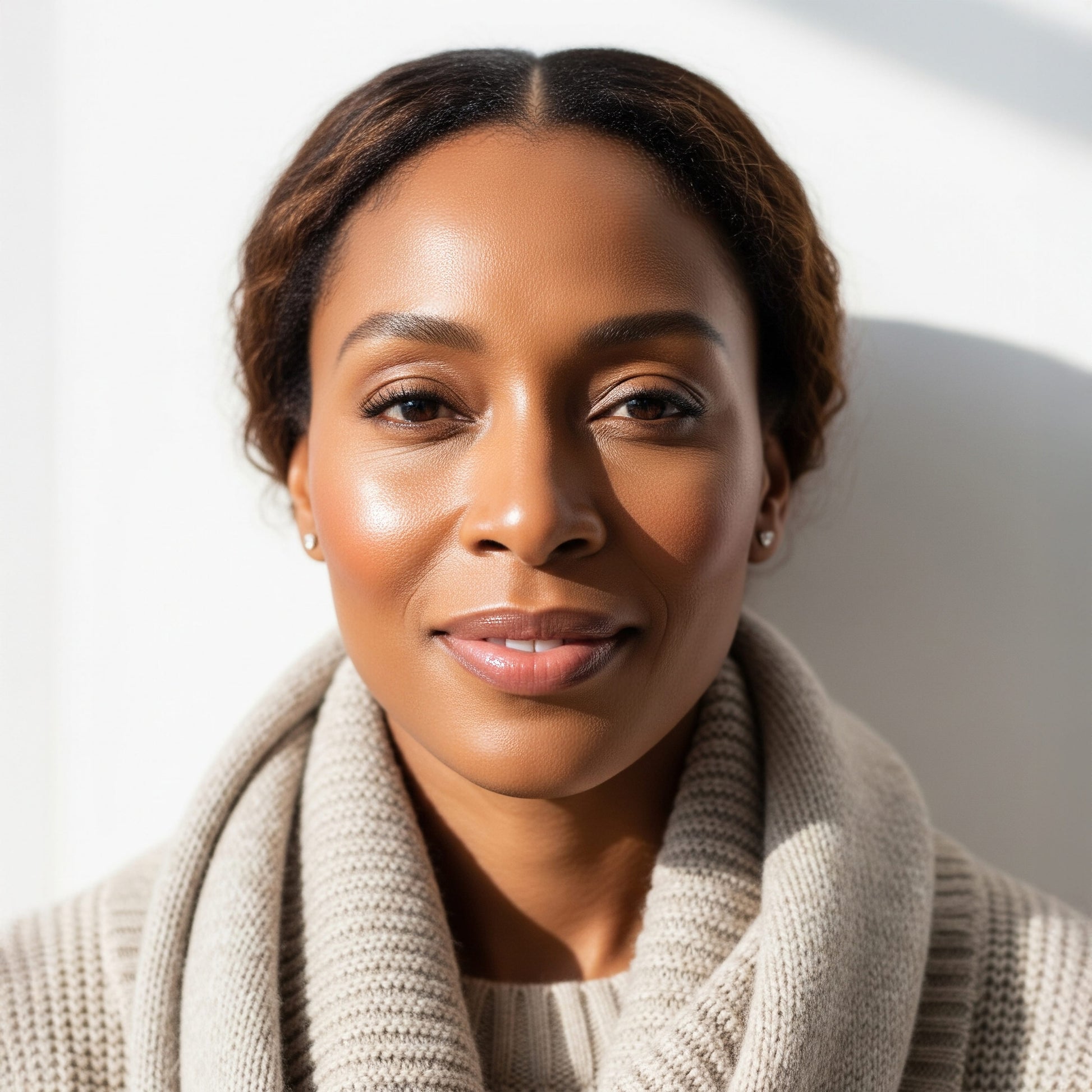 Woman wearing a beige scarf against a white background