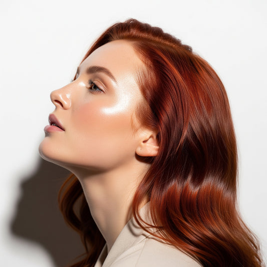 Woman with red hair against a white background