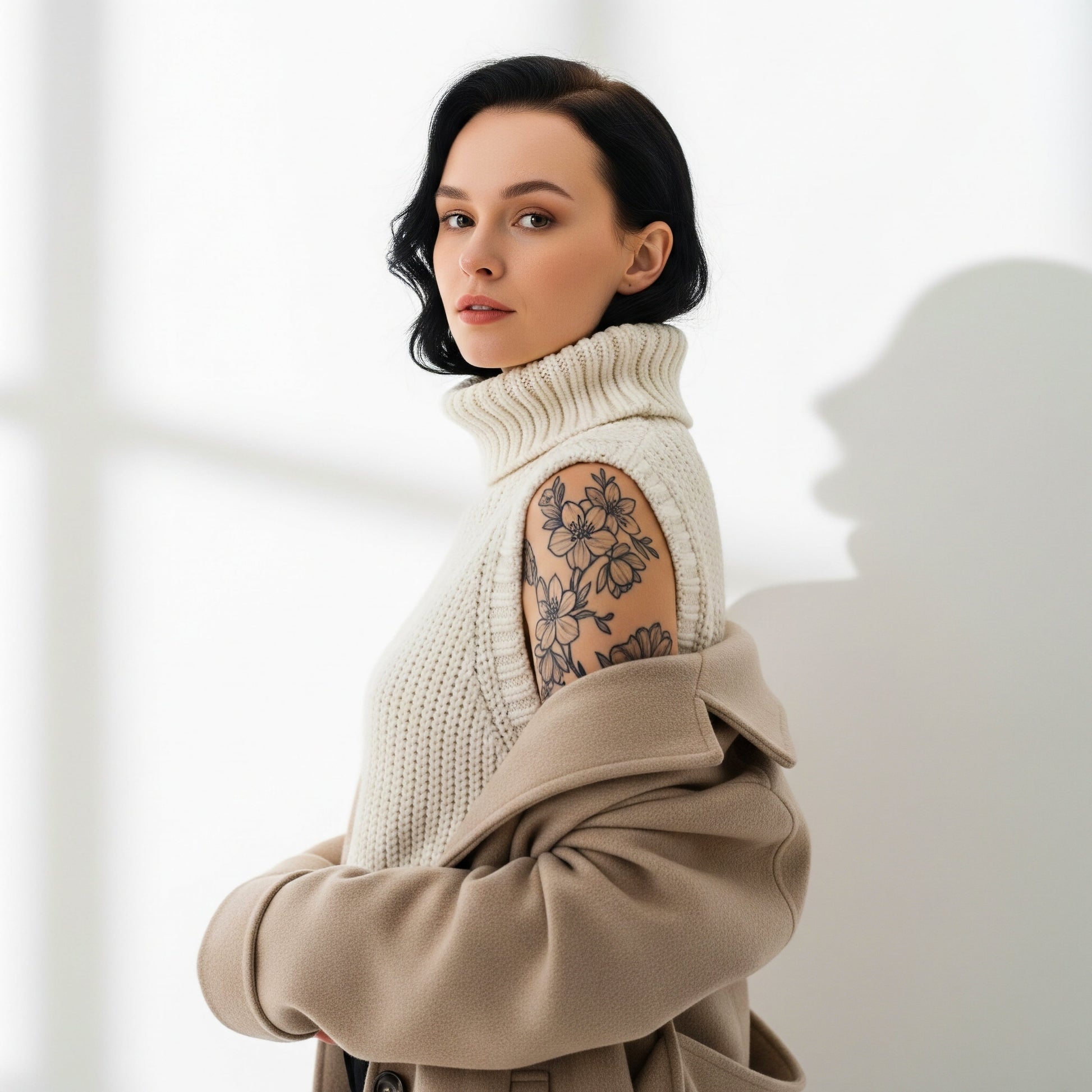 Photo of a woman with a tattoo on her arm wearing a white, turtleneck sweater